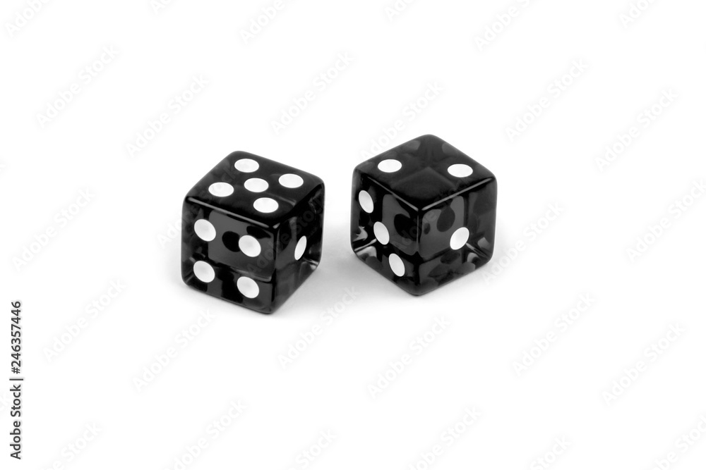 Two black glass dice isolated on white background. Five and two. Two black glass dice isolated on white background. Five and two.