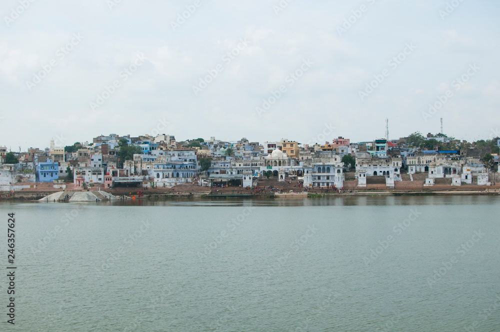 Pushkar / India - August 2011: View over the town of Pushkar with the Pushkar lake.