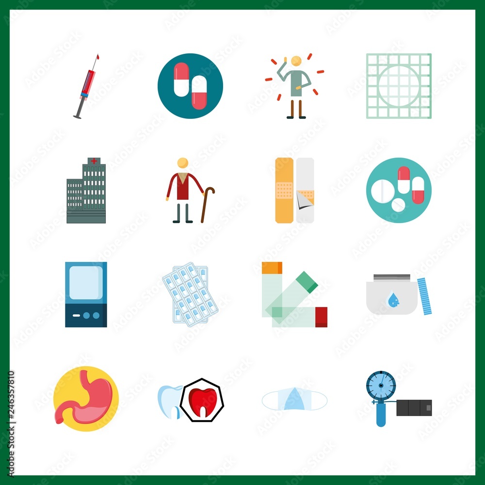 16 sick icon. Vector illustration sick set. pill and court plaster icons for sick works