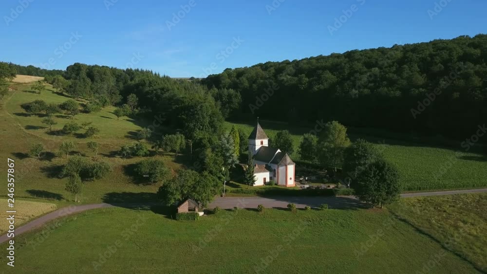 Aerial view of the church St. Jakobus near Fisch, Saargau, Rhineland-Palatinate, Germany, Europe