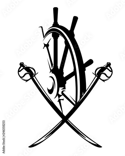 ship steering helm and crossed pirate saber swords - black and white vector design