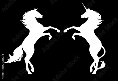 white horse and magic unicorn rearing up - black and white vector equine silhouettes