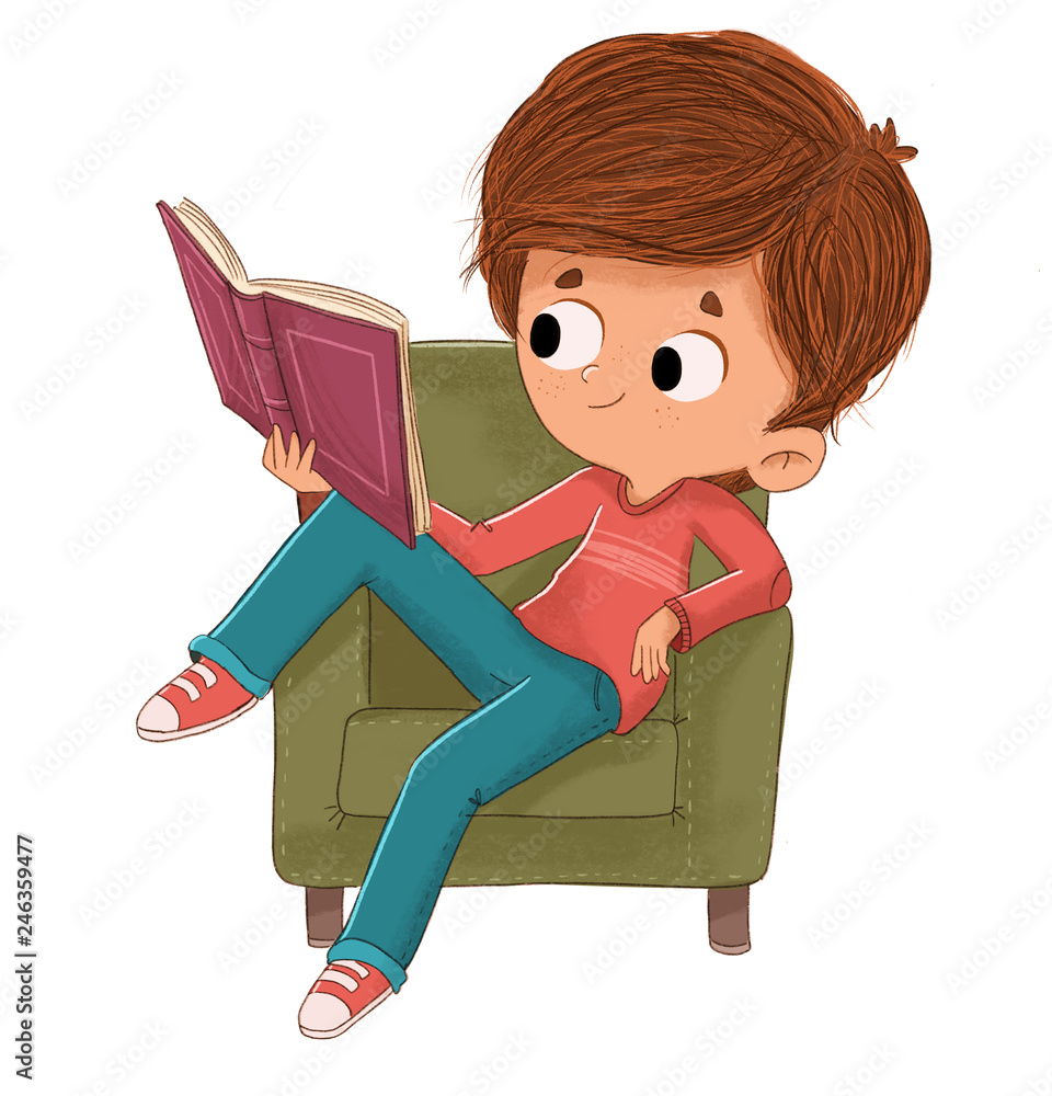Niño leyendo en el sofá - obrazy, fototapety, plakaty 