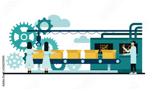 Smart Industry 4.0 flat vector concept. Factory conveyor on packing.