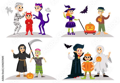 Parents and children in Halloween dresses poster