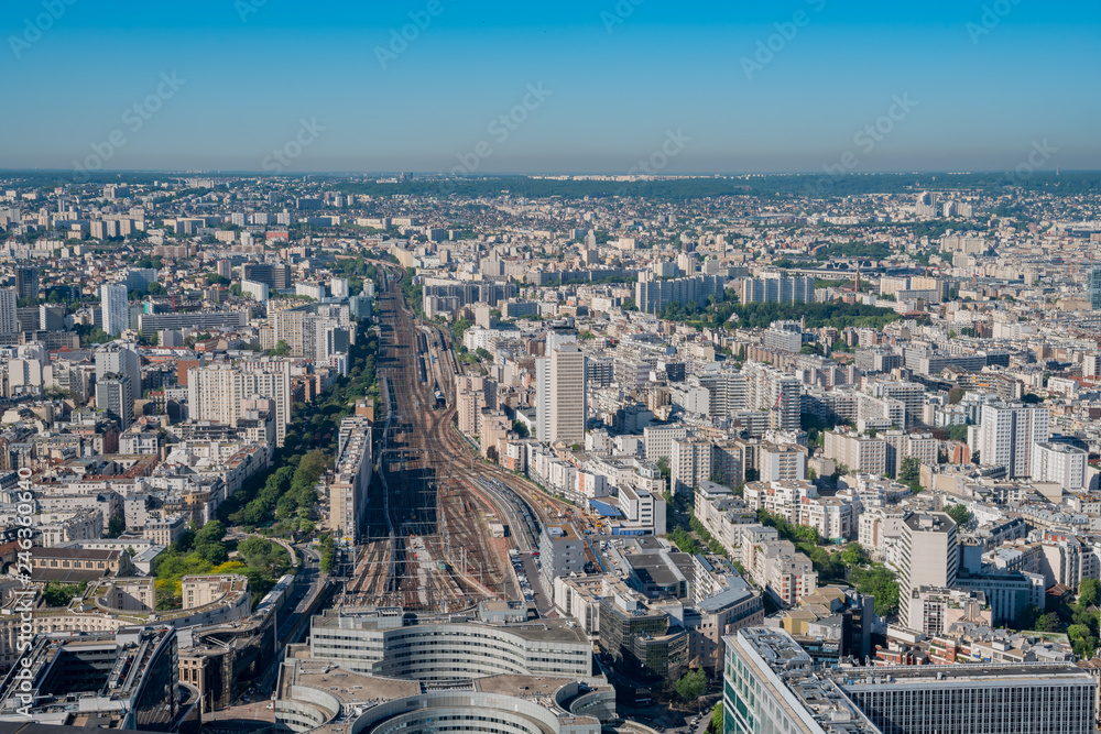 Morning aerial view of the famous Gare Vaugirard train station and downtown citypscape