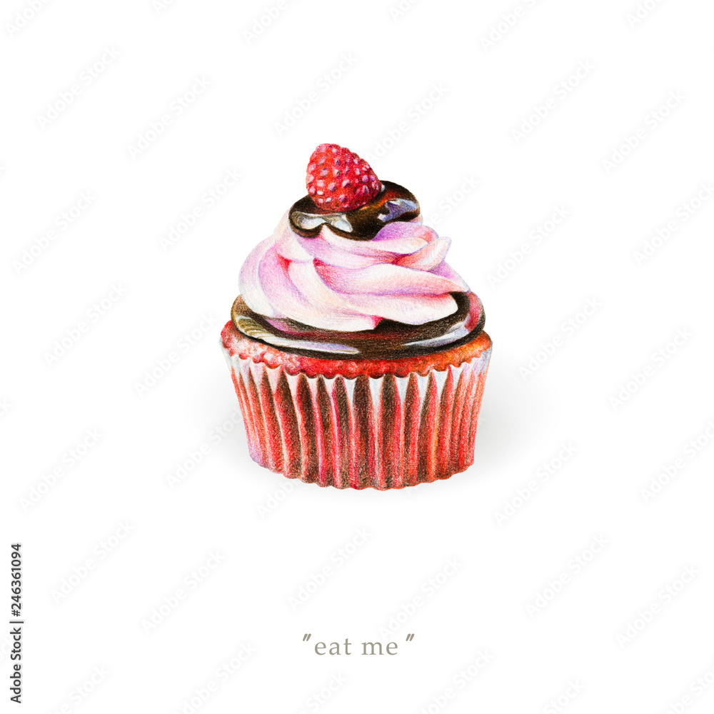 Sweet red cupcake with cream, chocolate and raspberry isolated on white background. Illustration for Valentine's Day, banner for promo actions, offers, sales and other.