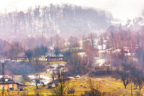 Fototapeta Naklejka Na Ścianę i Meble -  Authentic mountain village on hills. Foggy weather and melting snow