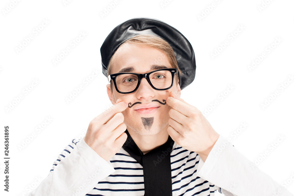 french man in black beret and scarf touching mustache isolated on white