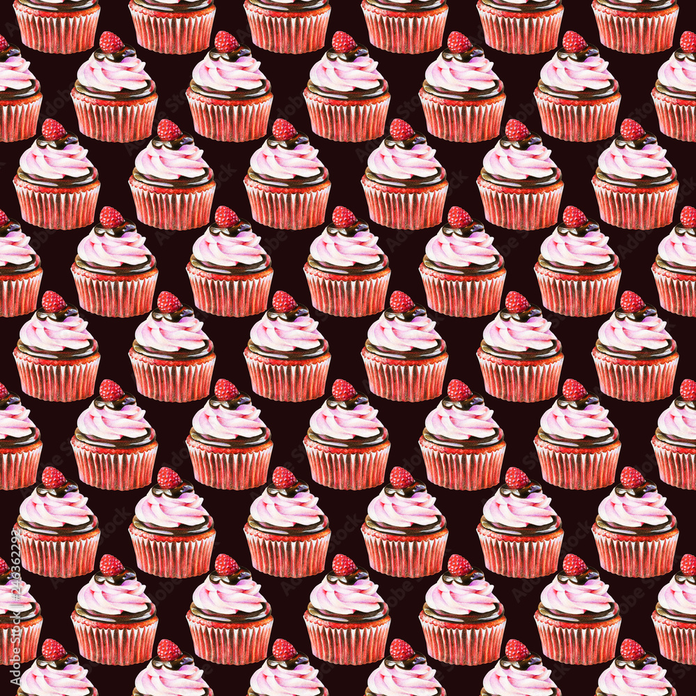 Seamless pattern of red cupcake with cream, chocolate and raspberry isolated on black background. Use for textile, wrapping paper, wallpaper, and other design. Drawing with colorful pencils. Seamless pattern of red cupcake with cream, chocolate and raspberry isolated on black background. Use for textile, wrapping paper, wallpaper, and other design. Drawing with colorful pencils.