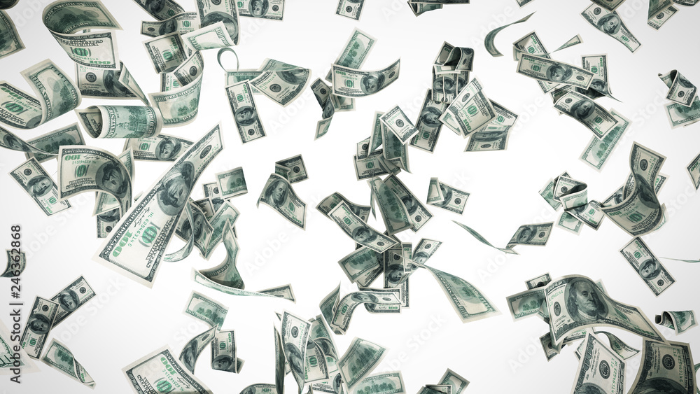 hundred dollar banknotes fall on graund on white background no shadow