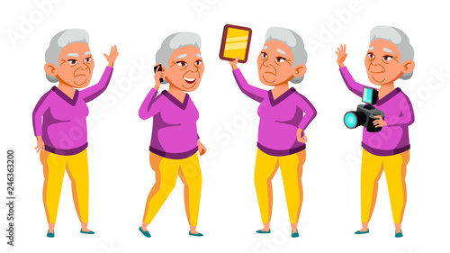 Asian Old Woman Poses Set Vector. Elderly People. Senior Person. Aged. Funny Pensioner. Leisure. Postcard, Announcement, Cover Design. Isolated Cartoon Illustration