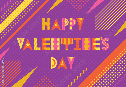 Happy Valentines day. Trendy geometric font in memphis style of 80s-90s. Text and abstract geometric shapes on purple background with hearts.