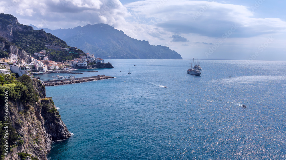 Rocky shore in world famous Amalfi coast. Unesco World heritage site. Campania, Italy.