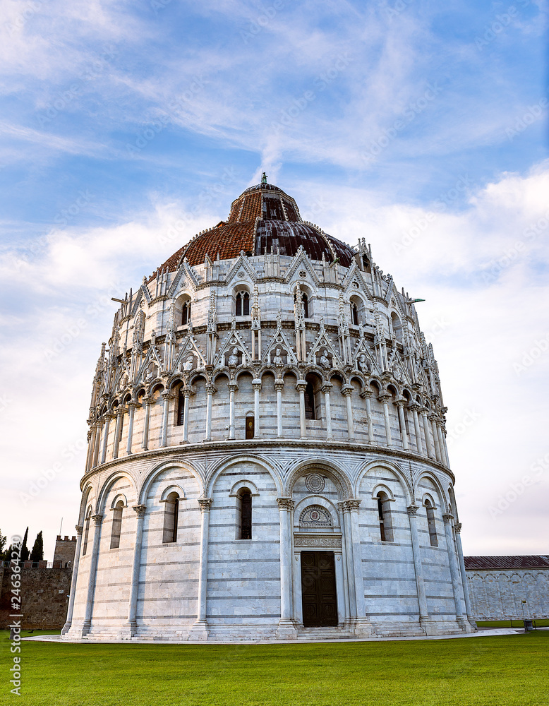 Monumental dome of Baptistery of St. John, aka Battistero di San Giovanni, Roman Catholic ecclesiastical building in the Piazza dei Miracoli, Pisa, Tuscany, Italy.