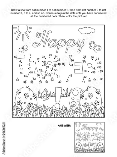 Easter themed connect the dots picture puzzle and coloring page with greeting and painted eggs. Answer included.
