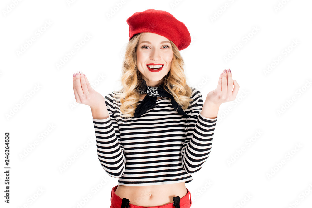 attractive woman in red beret smiling while gesturing isolated on white attractive woman in red beret smiling while gesturing isolated on white