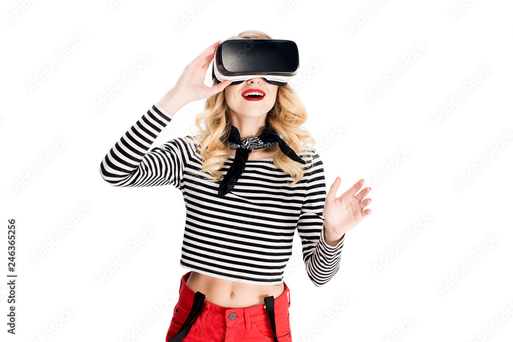 smiling woman using virtual reality headset isolated on white smiling woman using virtual reality headset isolated on white