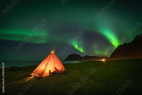 Lofoten aurora above moutains and sea