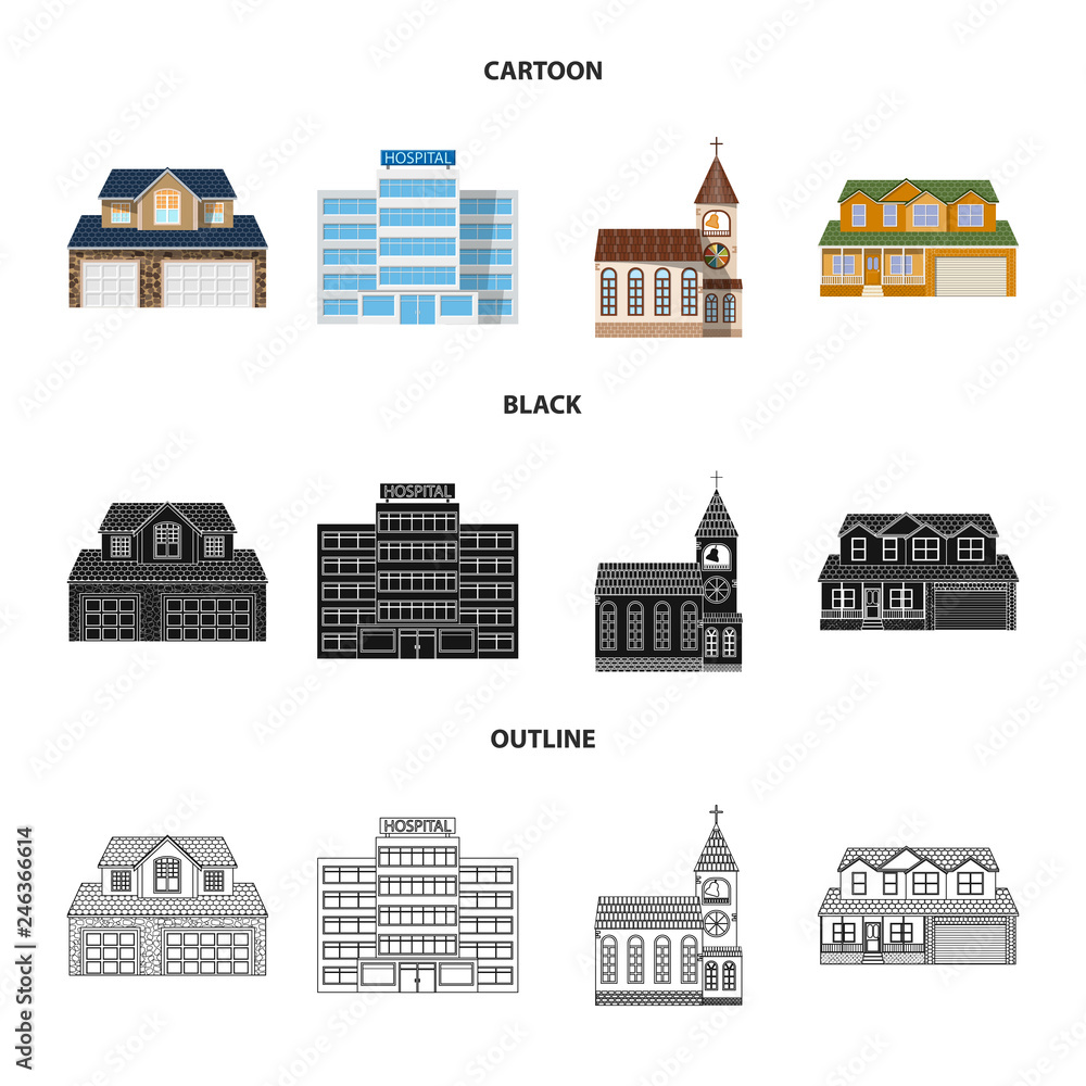 Vector design of building and front icon. Set of building and roof stock symbol for web.