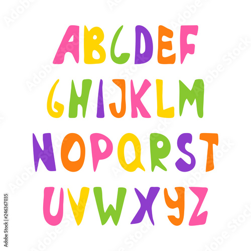 Hand drawn alphabet  Latin capital letters. Set of colorful bright letters for inscriptions. Vector illustration. 
