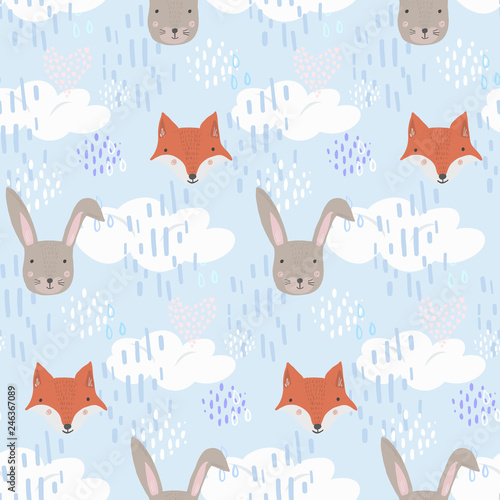 Cute seamless pattern with cartoon orange fox and gray hare heads on blue sky with clouds background. Funny hand drawn foxy and rabbit texture for kids design, wallpaper, textile, wrapping paper