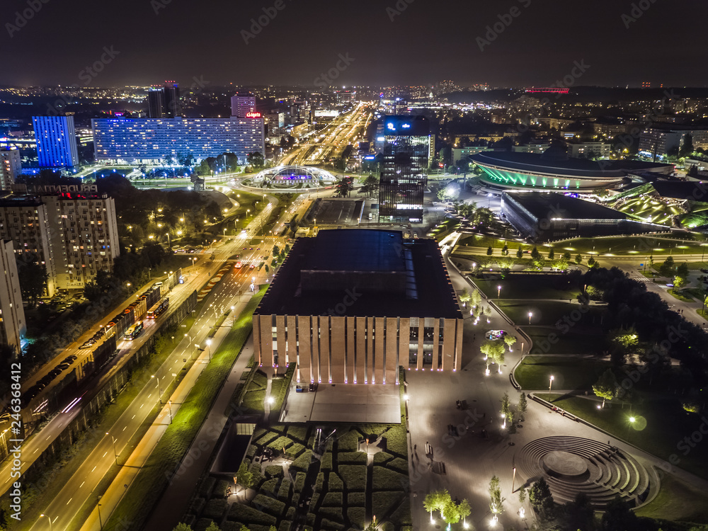 Katowice nocna panorama miasta Filharmonia