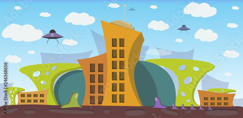 colorful vector cartoon alien city with extraterrestral inhabitants