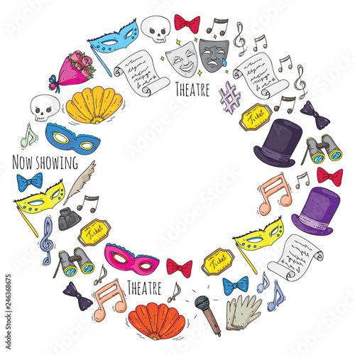 Theatre vector illustration. Entertaiment, cinema, stage, event. Background for banners, posters.
