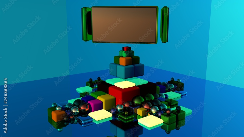 A group of Platonic bodies made of fiery glass. Polygonal shapes in the Studio with a reflective background. Illustration of abstraction. 3Drendering