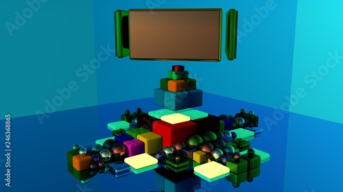 A group of Platonic bodies made of fiery glass. Polygonal shapes in the Studio with a reflective background. Illustration of abstraction. 3Drendering