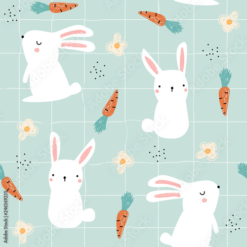 Seamless pattern with white bunny and carrots. Cute kids print. Vector hand drawn illustration.