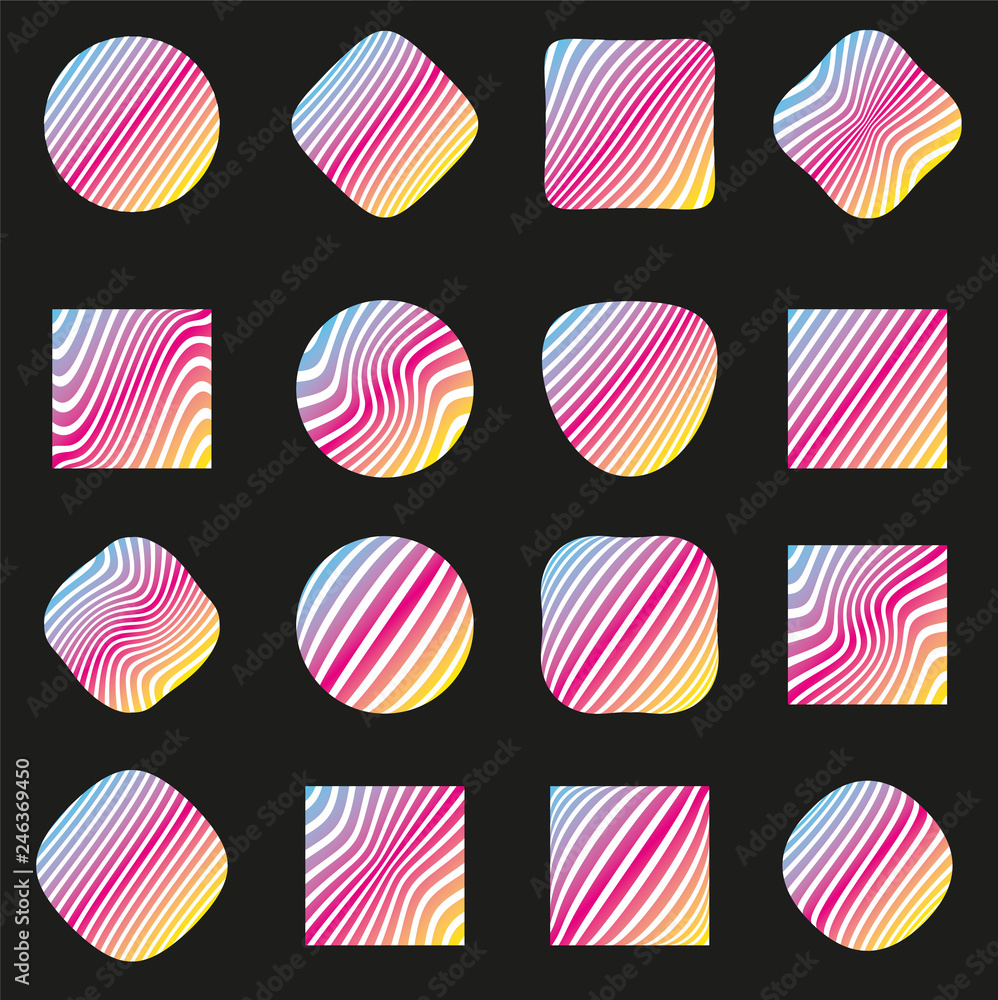 Set of labels pattern. Op art, zebra, prism and rainbow style vector illustration Set of labels pattern. Op art, zebra, prism and rainbow style vector illustration