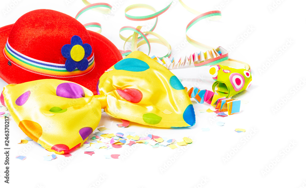 Carnival decoration with carnival hat, bow tie, confetti Carnival decoration with carnival hat, bow tie, confetti