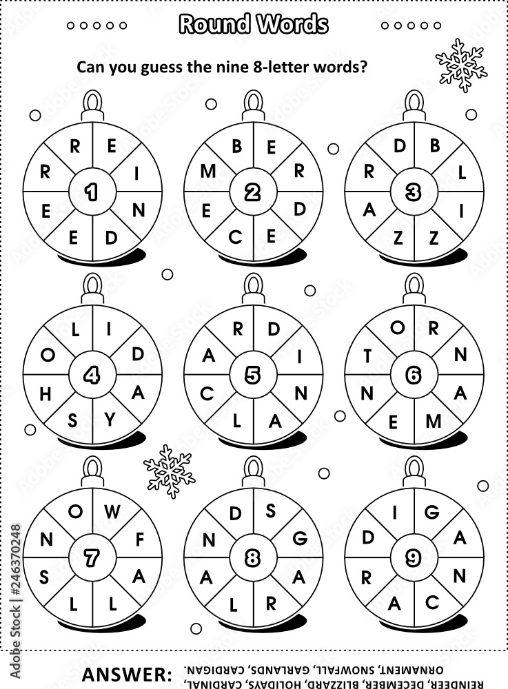 Stockvector Christmas or New Year word puzzle (English language) with  winter and holiday words written around the ornaments: Can you guess the  nine 8-letter words? Black and white, IQ training. Answer included.