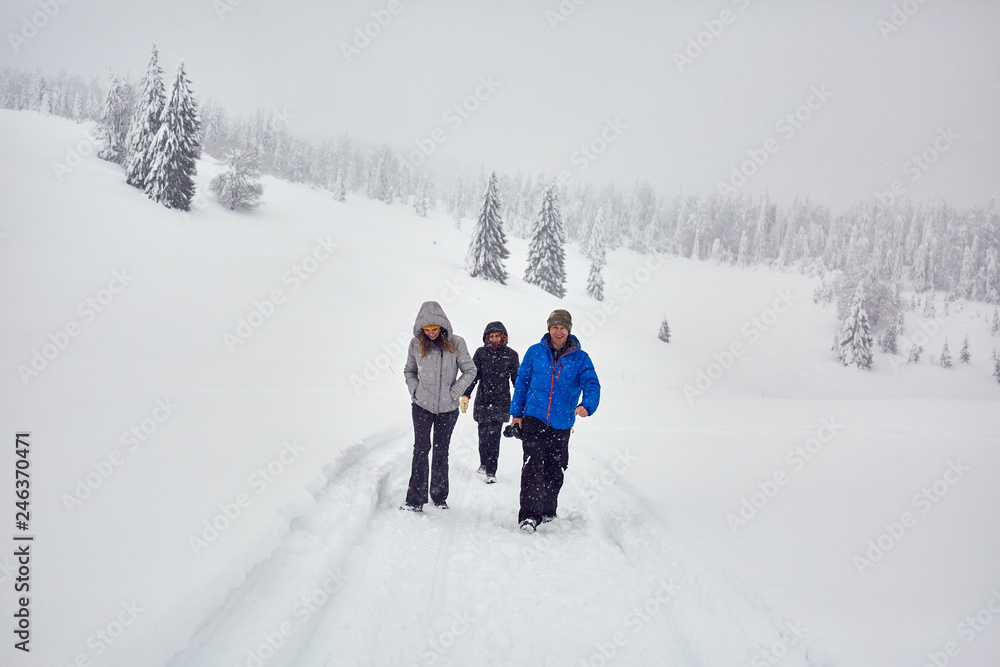 Friends hiking on a snowy trail