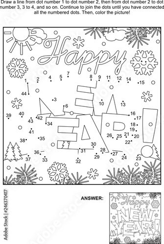 Winter holidays themed connect the dots picture puzzle and coloring page - Happy New Year! greeting text. Answer included.
