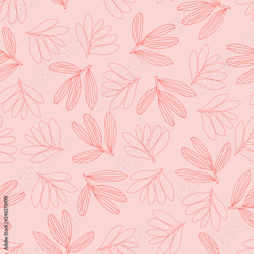 Vector line art leaves on pink background seamless pattern, baby pink, wallpaper
