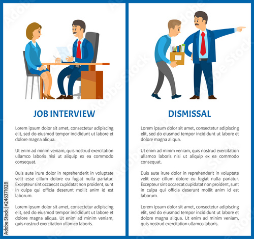 Job interview and dismissal of worker vector poster, text sample. Boss in suit and mustaches dismissing employee with box. Executive manager and bad executor