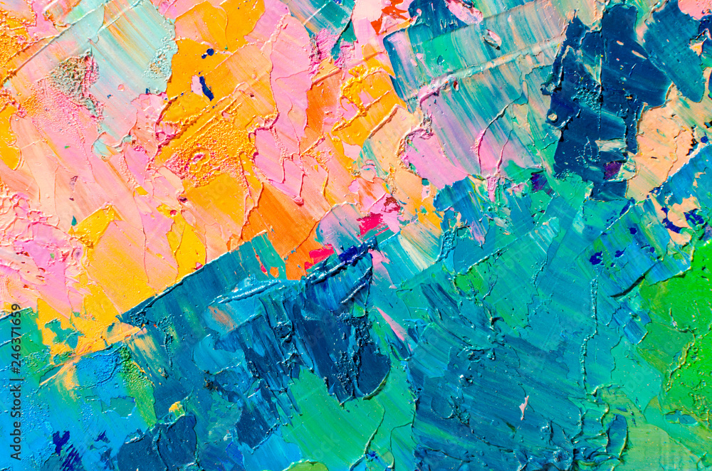 Abstract colorful oil painting on canvas. Oil paint texture with brush and palette knife strokes. Multi colored wallpaper. Macro close up acrylic background. Modern art concept. Horizontal fragment. - obrazy, fototapety, plakaty 