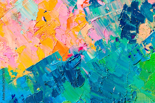 Abstract colorful oil painting on canvas. Oil paint texture with brush and palette knife strokes. Multi colored wallpaper. Macro close up acrylic background. Modern art concept. Horizontal fragment. photo