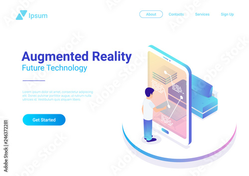 Flat augmented realty VR Virtual Reality vector. Man smartphone