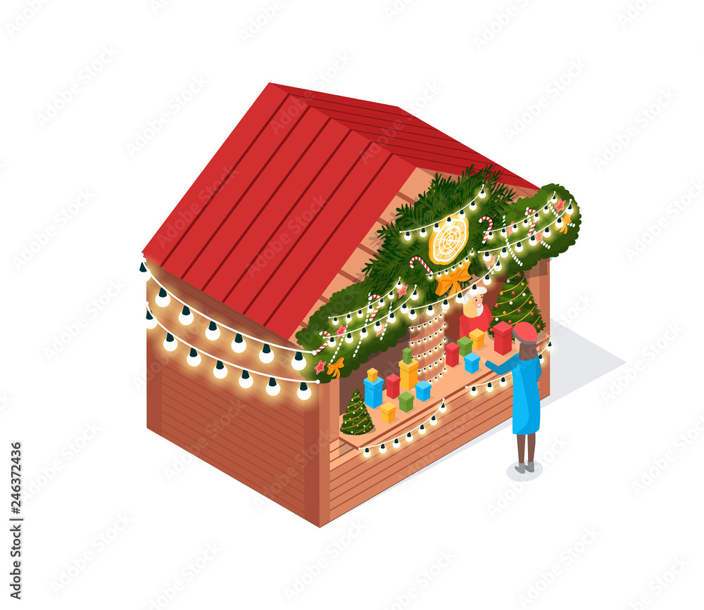 Woman standing and choosing boxes in blue coat. Holiday fair house decorated needles and garlands on roof. Seller in Sanat wear near trees vector isolated Woman standing and choosing boxes in blue coat. Holiday fair house decorated needles and garlands on roof. Seller in Sanat wear near trees vector isolated