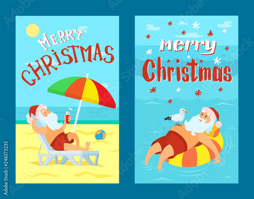 Merry Christmas, Santa Claus on life buoy in water. Father frost in red hat drinking refreshing cocktail at summertime, lying on sunbed under color umbrella vector