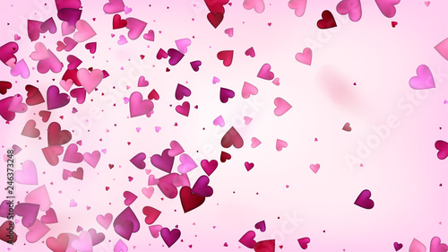 Flying Hearts Vector Confetti. Valentines Day Tender Pattern. Beautiful Pink Design Valentines Day Decoration with Falling Down Hearts Confetti. Elegant Gift, Birthday Card, Poster Background