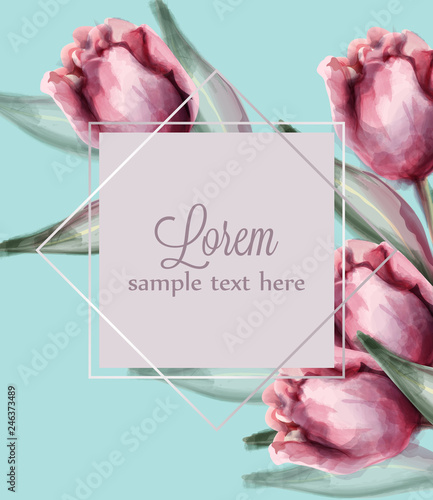 Pink tulip flowers on blue background card Vector watercolor. Spring summer d...