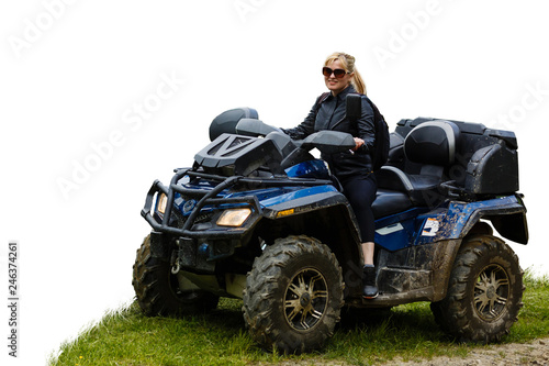 A happy woman riding a quad bike isolated, white, background