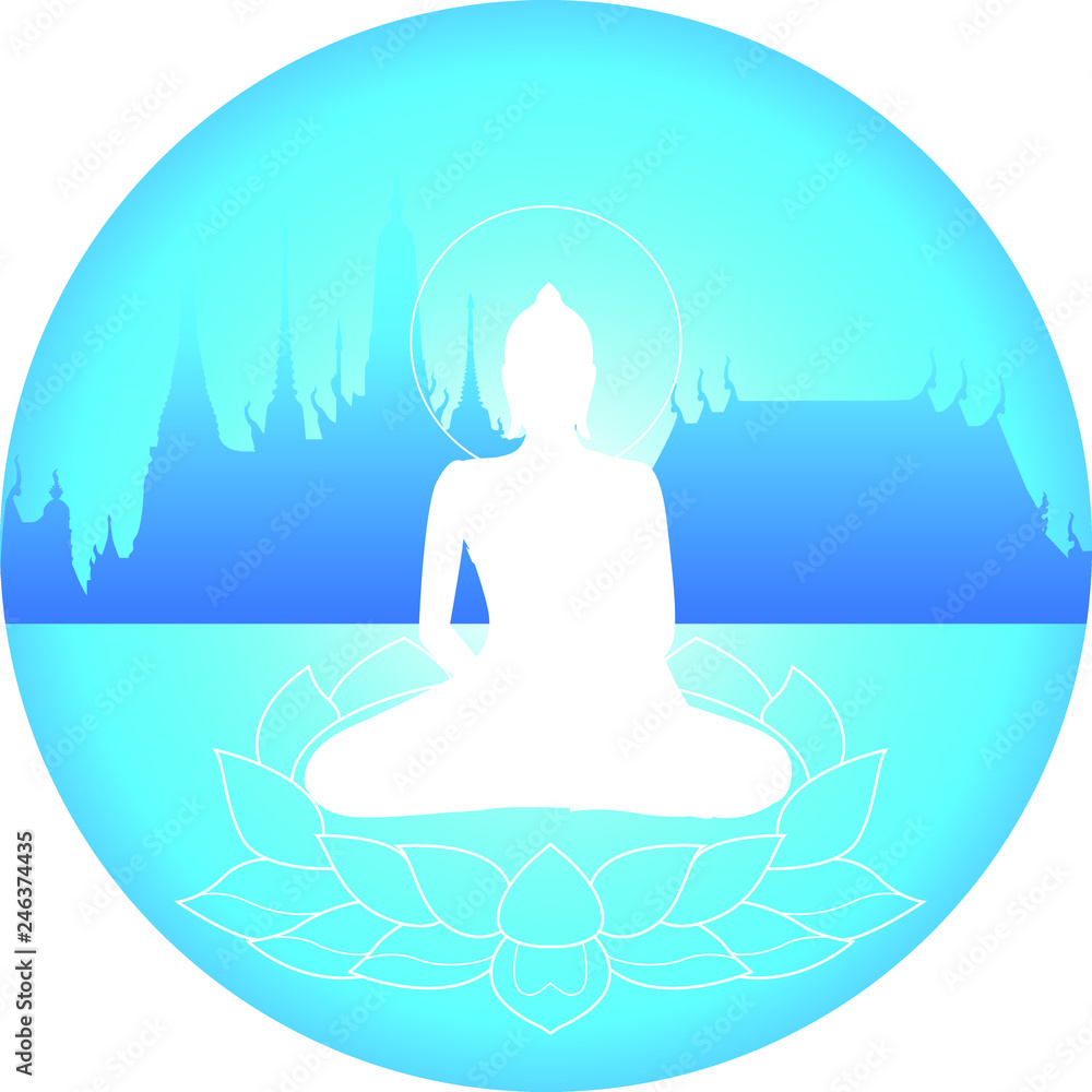 White silhouette Buddha in Buddhism sitting on a lotus, blue background in circle shape