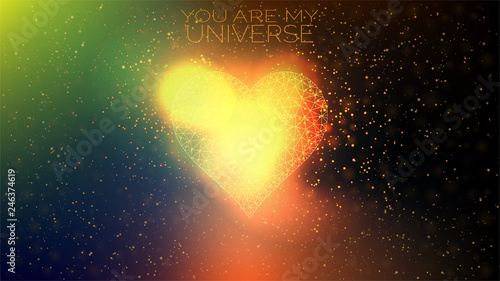 You are my universe. Low polygonal heart with stars and bright glow