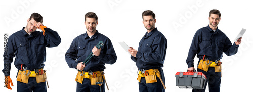 Fotografie, Obraz collage of handsome plumber in blue uniform wiping forehead, holding notebook an